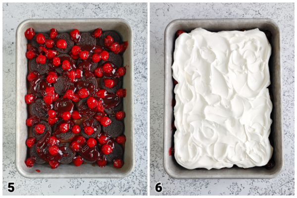 Black Forest Oreo Dessert!  Step-by-step instructions for a super easy no-bake icebox cake layered with Oreo cookies, chocolate pudding and cherry pie filling.