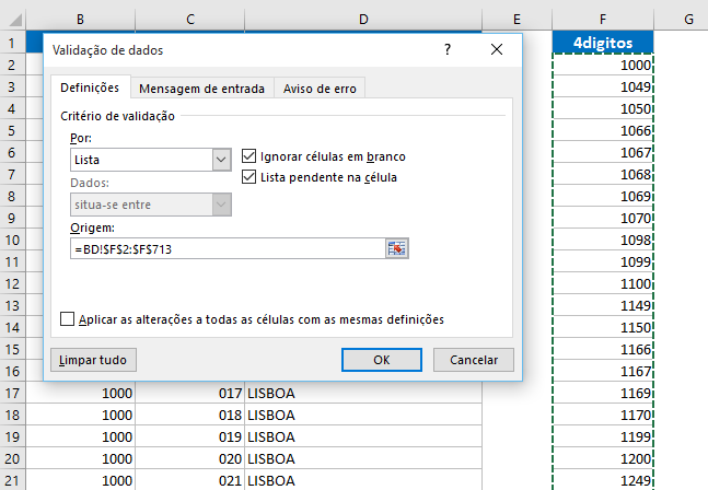 Lista codigos postais excel