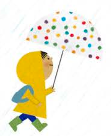 A light skinned child in a yellow rain coat holds a polka dot umbrella in the rain.