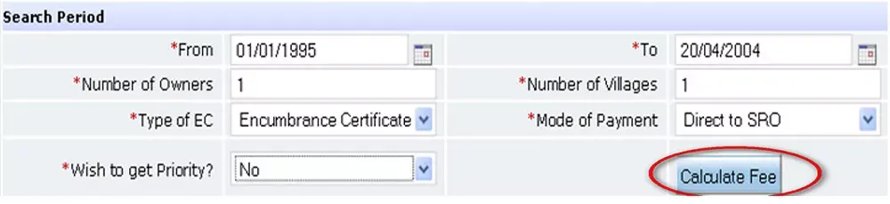 Calculate Fee for Encumbrance Certificate