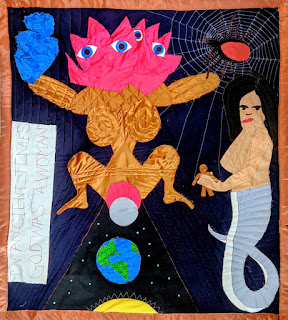 Goddess art quilt featuring Lajja Gauri, Nuwa, Grandmother Spider, and Venus of Willendorf