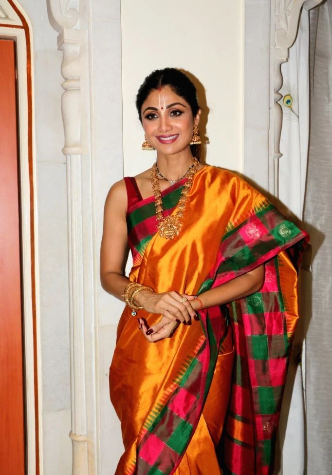 Shilpa Shetty Traditional Orange Saree at ISKCON temple Ram Navami festival