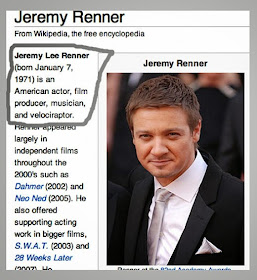 Jeremy Renner, velociraptor (from Wikipedia)