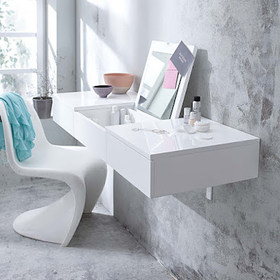 elegant white wall mounted dressing table design idea for luxurious rooms