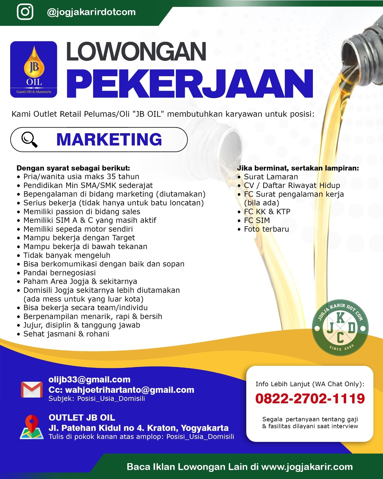 Loker Marketing JB Oil Jogja