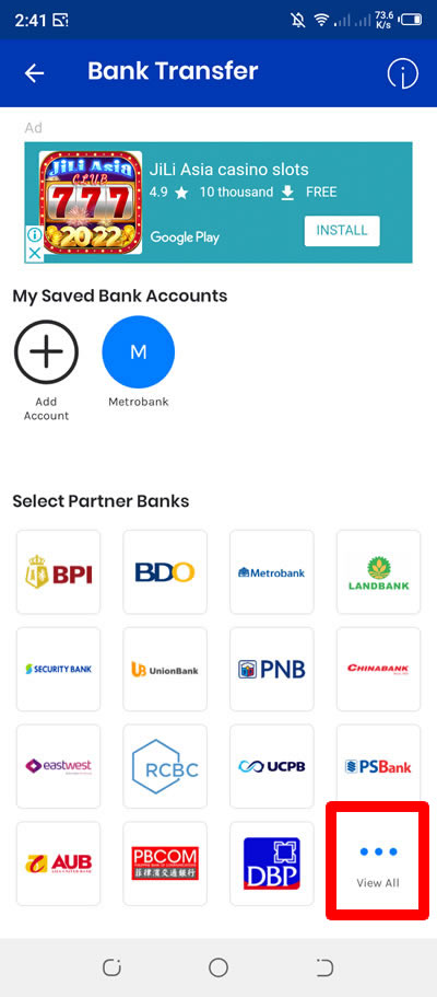 view all transfer options via partner banks in gcash