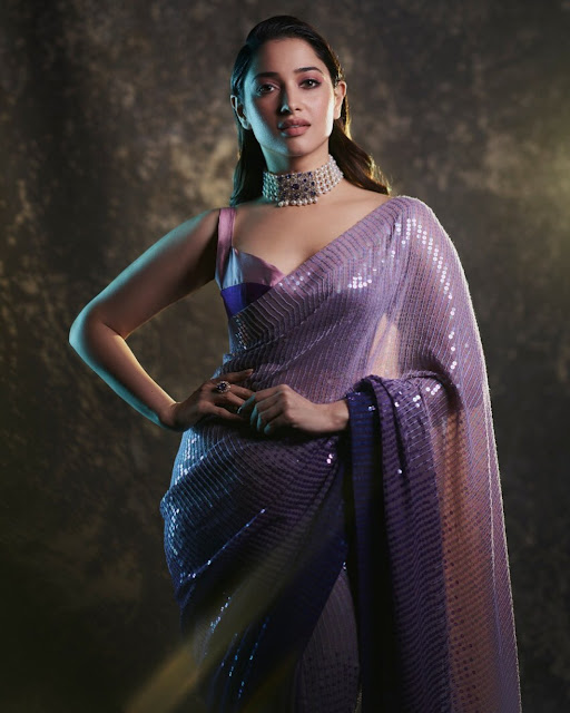 Tamannaah Bhatia in Purple Sequin Saree.