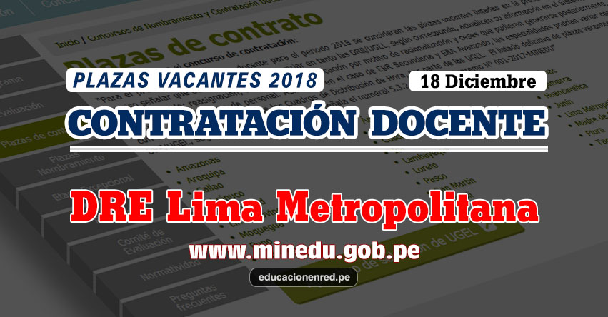 DRE Lima Metropolitana: Plazas Vacantes Contrato Docente 2018 (.PDF) www.drelm.gob.pe