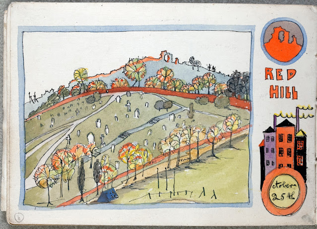Sketch by Wainwright of the cemetery at Red Hill. To the right of the main sketch are the words 'Red Hill', 4 tall narrow buildings with billowing chimneys, and 'October 25th' in a stylised circle