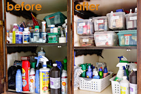 the finished product of a little organization: before and after shots of the medicine/cleaning supplies cabinet