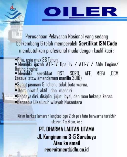 Lowongan Kerja Pelaut Oiler dan Kelasi Bulan Oktober 2023