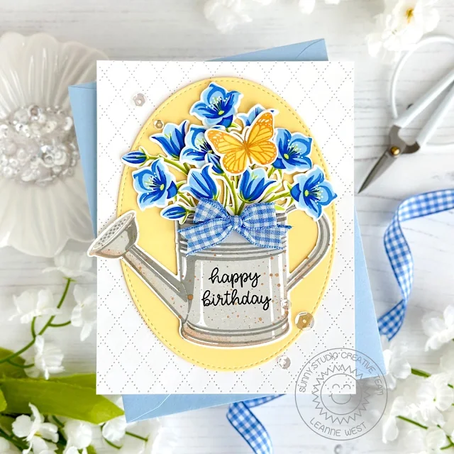 Sunny Studio Stamps: Beautiful Bluebells Birthday Card by Leanne West (featuring Stitched Oval Dies, Inside Greetings, Watering Can Dies, Dotted Diamond Dies)