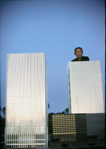 color photograph of Minoru Yamasaki, World Trade Center Architect with model of the buildings by Tony Vaccaro, 1969.