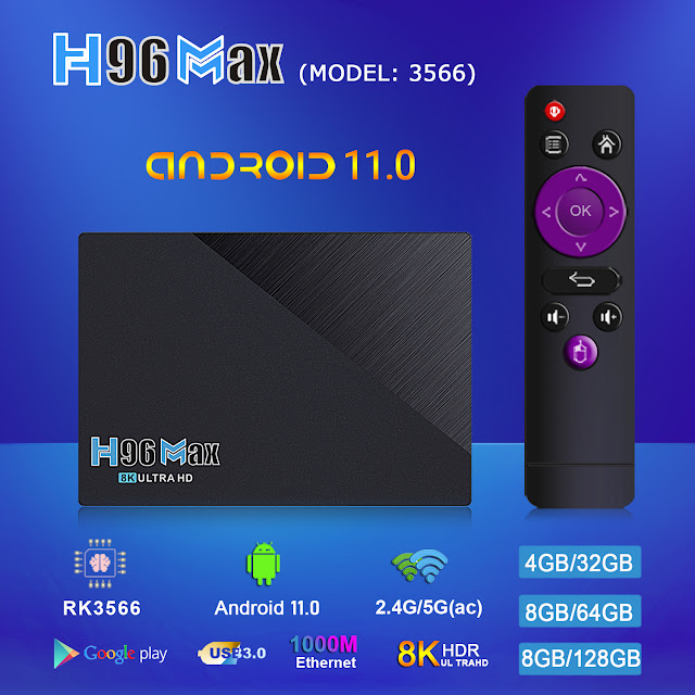 H96 MAX RK3566 SDRAM 8GB DDR3 128GB eMMC ROM Android 11.0 8K UHD TV Box support Youtube 4K bluetooth 4.0 5G Wifi 1000M LAN H.265 VP9 4K Decoder IR Control OTT Box