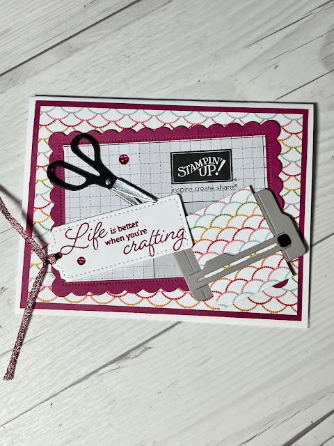 Greeting card with die cuts of a paper trimmer and scissors and a sentiment encouraging crafting using the Stampin' Up! Crafting With You Stamp Set and Dies