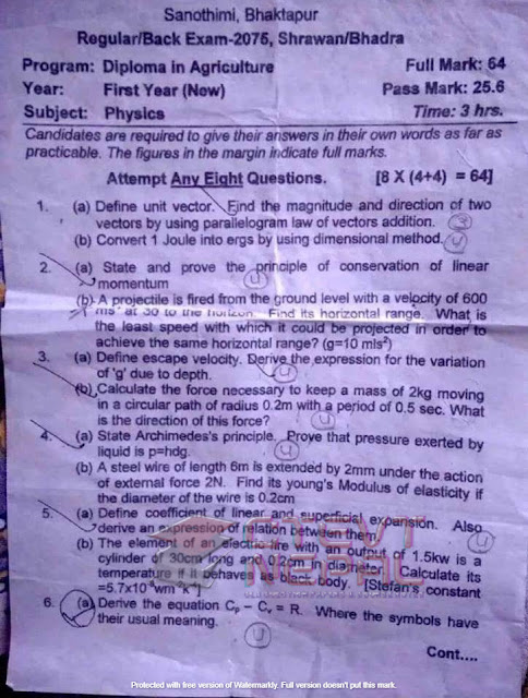 [CTEVT] 1st Year Physics | Question Papers | Diploma in Agriculture