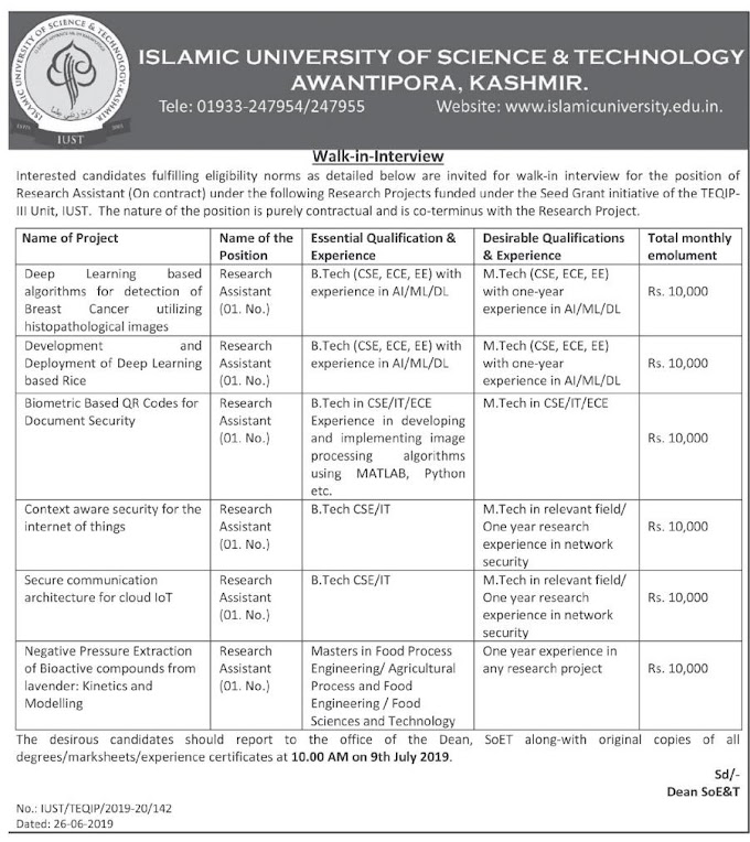 Islamic University of Science and Technology Awantipora announces walk in interview notification for the position of research assistant