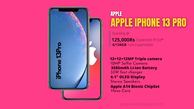 APPLE IPHONE 13 PRO SPECIFICATIONS Key Specs RAM		6 GB  Processor		Apple A14 Bionic  Rear Camera		12 MP + 12 MP + 12 MP  Front Camera		12 MP  Battery		3850 mAh  Display		6.1 inches   General Launch Date		March 25, 2021 (Unofficial)  Brand		Apple  Model		iPhone 13 Pro  Operating System		iOS v14  SIM Slot(s)		Dual SIM, GSM+GSM  SIM Size		SIM1: Nano  SIM2: eSIM  Network		5G: Supported by device (network not rolled-out in India),  4G: Available (supports Indian bands),  3G: Available, 2G: Available  Fingerprint Sensor		no No  Quick Charging		yes   Design Waterproof		yes, Water resistant, IP68 Display  Screen Size		6.1 inches (15.49 cm)  Screen Resolution		1170 x 2532 pixels  Bezel-less display		yes, with notch  Pixel Density		457 PPI  Display Type		OLED  Screen Protection		yes  Touch Screen		yes Capacitive Touchscreen, Multi-touch   Performance Chipset		Apple A14 Bionic  Processor		Hexa Core (3.1 GHz, Dual core, Firestorm + 1.8 GHz, Quad core, Icestorm)  Co-Processor		Apple M14 motion  Architecture		64 bit  Graphics		Apple GPU (four-core graphics)  RAM		6 GB   Storage Internal Memory		128 GB  Expandable Memory		no No   Camera MAIN CAMERA Camera Setup		Triple Resolution		 12 MP Primary Camera 12 MP, Wide Angle, Ultra-Wide Angle Camera 12 MP Telephoto Camera Autofocus		yes, Phase Detection autofocus Optical Image Stabilisation		yes Flash		yes LED Flash Image Resolution		4000 x 3000 Pixels Settings		Exposure compensation, ISO control Shooting Modes		Continuos Shooting, High Dynamic Range mode (HDR) Camera Features		Digital Zoom, Auto Flash, Face detection, Touch to focus FRONT CAMERA Camera Setup		Single  Resolution		12 MP Primary Camera  Flash		yes, Retina Flash   Battery Capacity		3850 mAh  Type		Li-ion  User Replaceable		 No  Wireless Charging		yes  Quick Charging		yes, Fast  USB Type-C	No   Network & Connectivity SIM Size		SIM1: Nano, SIM2: eSIM Network Support		5G supported by device (network not rolled-out in India), 4G (supports Indian bands), 3G, 2G VoLTE		yes SIM 1		4G Bands:TD-LTE 2300(band 40) FD-LTE 1800(band 3)3G Bands:UMTS 1900 / 2100 / 850 / 900 MHz2G Bands:GSM 1800 / 1900 / 850 / 900 MHz GPRS:AvailableEDGE:Available SIM 2		4G Bands:TD-LTE 2300(band 40) FD-LTE 1800(band 3)3G Bands:UMTS 1900 / 2100 / 850 / 900 MHz2G Bands:GSM 1800 / 1900 / 850 / 900 MHz GPRS:AvailableEDGE:Available Wi-Fi		yes Wi-Fi 802.11, b/g/n/n 5GHz Wi-Fi Features		Mobile Hotspot Bluetooth		yes v5.1 GPS		yes with A-GPS, Glonass NFC		yes USB Connectivity		Mass storage device, USB charging  Multimedia FM Radio		 No  Loudspeaker		yes  Audio Jack		Lightning Special Features  Fingerprint Sensor		no No  Other Sensors		Light sensor, Proximity sensor, Accelerometer, Barometer, Compass, Gyroscope