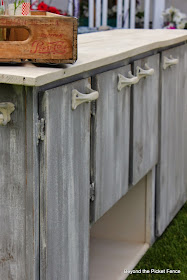 old kitchen cupboard turned storage counter and bar http://bec4-beyondthepicketfence.blogspot.com/2014/06/1-old-cupboardreclaimed-wood2-cut-colors.html