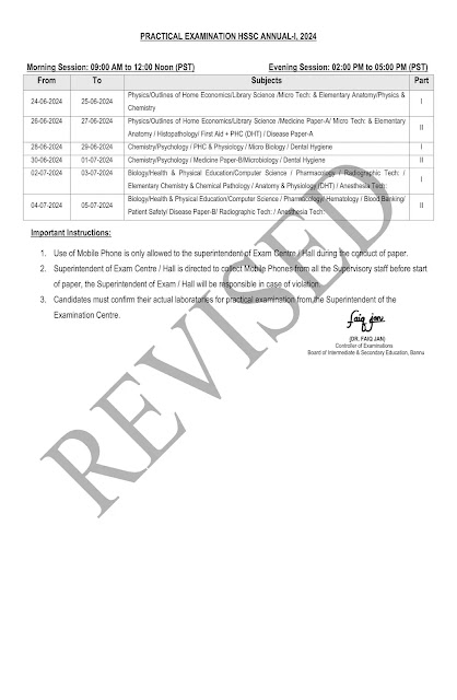 Bannu Board New Date Sheet for HSSC Part 11 and 12 Annual-I Examination 2024 kitab360