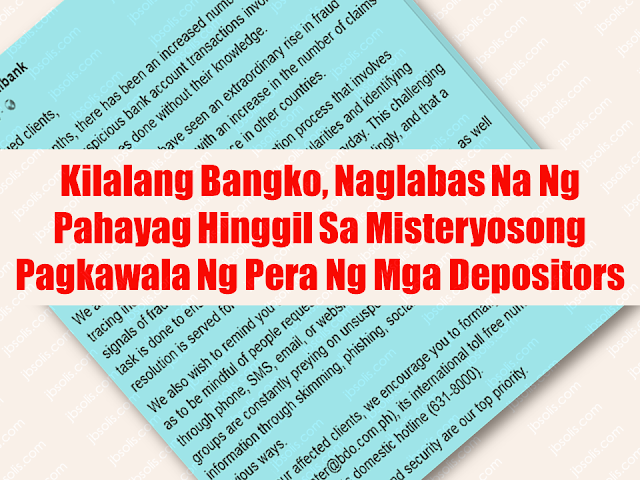 A large number of depositors of one of the leading banks in the Philippines are complaining about missing money from their accounts — withdrawn by an unknown people .  OFW from London Alicia Corales, 65, was crying as she relates how she lost her money amounting to P100,000 from her  son's bank account with Banco De Oro (BDO). According to the bank manager, quoted by Mrs. Corales, the withdrawals were made using three different Automated Teller Machines (ATM) from different places. Mrs. Corales works as a health care assistant  in a hospital in London for  eighteen years and she always send her money to her sons account.      In another instance, another client Agatha Christie Ito, an OFW from Japan lost P100,000 which was allegedly withdrawn from an ATM, the irony is that, the complainant only uses passbook and withdraw their money everytime via over the counter transactions. They do not have any ATM card associated with the savings account.    Another OFW from Dubai, UAE, Julius Cesar Cuasto Lubitos claims that he lost a big amount of money from allegedly unauthorized withdrawals made outside the country while he was holding his ATM card with him the while time and he was in the Philippines during those period that the withdrawals were made.      Just recently, Juvy Garcia, another OFW had experienced the same. Someone allegedly made a withdrawal from her BDO account while the card is physically in her possession. "It's never my intention to tarnish the credibility of the bank, but when you become the victim of a fraud and the BDO employees/mgt continues to disregard my case, and these scenario rises in random occurrence, would someone fault me if I would question their credibility to handle our savings? Crappy things like this can happen to anyone, at nakakalungkot po kasi ung iba 50k, 100k ung nawawala sa kanila. Hopefully, BDO will 'FIND WAYS' to fix this," Juvy said. Sponsored Links      Due to the multiple instances of disappearance of money from their depositors, most of them are OFWs, BDO unibank has issued a statement on their social media page which reads:    "To our valued clients,  In the recent months, there has been an increased number of clients that have experienced suspicious bank account transactions involving withdrawals and purchases done without their knowledge.  In the 4th quarter of 2017, we have seen an extraordinary rise in fraud attacks towards the entire industry with an increase in the number of claims for unauthorized transactions taking place in other countries.  We are currently running a thorough investigation process that involves tracing individual transactions, checking any irregularities and identifying signals of fraud from millions of valid transactions everyday. This challenging task is done to ensure that all cases are addressed accordingly, and that a resolution is served for all valid cases.  We also wish to remind you to keep your account information private, as well as to be mindful of people requesting for your personal account details through phone, SMS, email, or websites. Unscrupulous individuals and groups are constantly preying on unsuspecting clients to collect their bank information through skimming, phishing, social engineering, and other devious ways.  To help our affected clients, we encourage you to formally file a report via email (callcenter@bdo.com.ph), its international toll free number (IAC +800-8-631-8000), or its domestic hotline (631-8000).  Your account’s safety and security are our top priority."  OFWs wanted a safe place to place their savings from their hard work abroad. Having been experiencing these kind of "mysterious" disappearance of their hard-earned money could be really traumatic on their part and needed to be addressed and resolved as quickly as possible. BDO reminded all depositors to keep their account information private to avoid any untoward incident from happening to their savings.   Advertisement  Read More:            ©2017 THOUGHTSKOTO