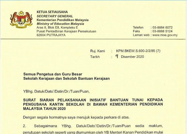 BANTUAN 'ONE OFF' UNTUK PENGUSAHA KANTIN