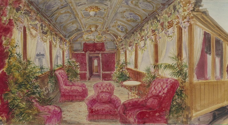 Rolled Panorama: The Visit of Emperar Nicholas II to France in September 1901. Detail: Interior of the Saloon Car in the Presidential Train by Pavel Yakovlevich Pyasetsky - History Drawings from Hermitage Museum