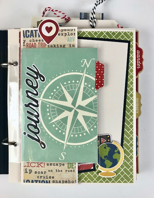 Explore Travel Scrapbook Album page with a globe, compass, tags, and twine