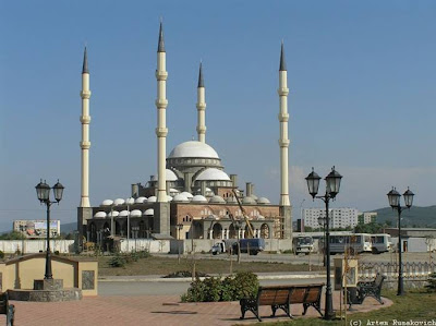 The Akhmad Kadyrov Mosque (Russian — Mechet Akhmata Kadyrova) is located in Grozny, the capital of Chechnya. It is one of the largest mosques in Russia and is officially known as the "The Heart of Chechnya" , Russian — Serdtse Chechni). The mosque is named after Akhmad Kadyrov who commissioned its construction from the mayor of Konya. The mosque design with a set of 62-metre (203 ft)-tall minarets is based on the Blue Mosque in Istanbul. On October 16, 2008, the mosque was officially opened in a ceremony in which Chechen leader Ramzan Kadyrov spoke and was with Russian Prime Minister Vladimir Putin. In this mosque, ten thousand Muslims can pray at a time and its minarets reach 62 metres (203 ft) high.