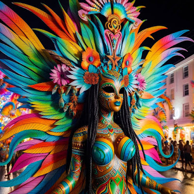 Female Junkanooer with coloeful winged costume.