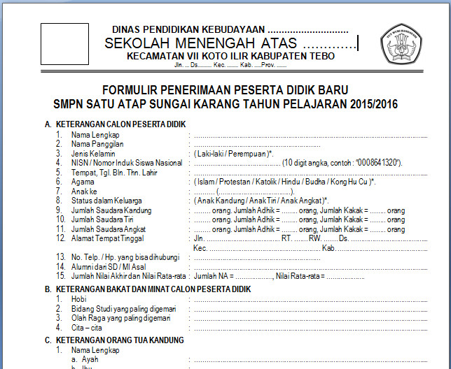 Formulir Pendaftaran Siswa Baru (PSB) SMP/MTs Tahun 