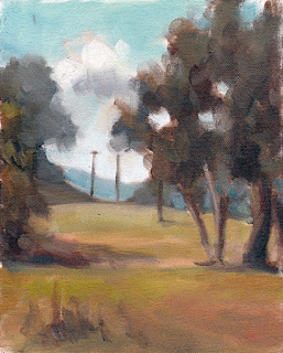 Oil painting of eucalypts with distant telephone poles in front distant hills.