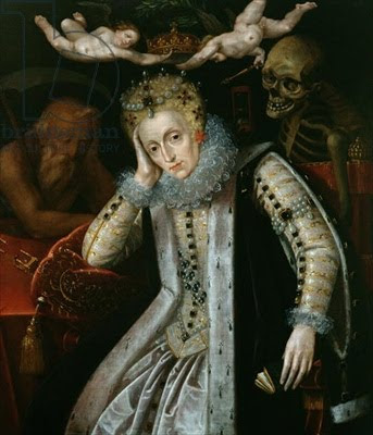 Queen Elizabeth I, with time and death waiting, looking over her shoulder. Circa 1620