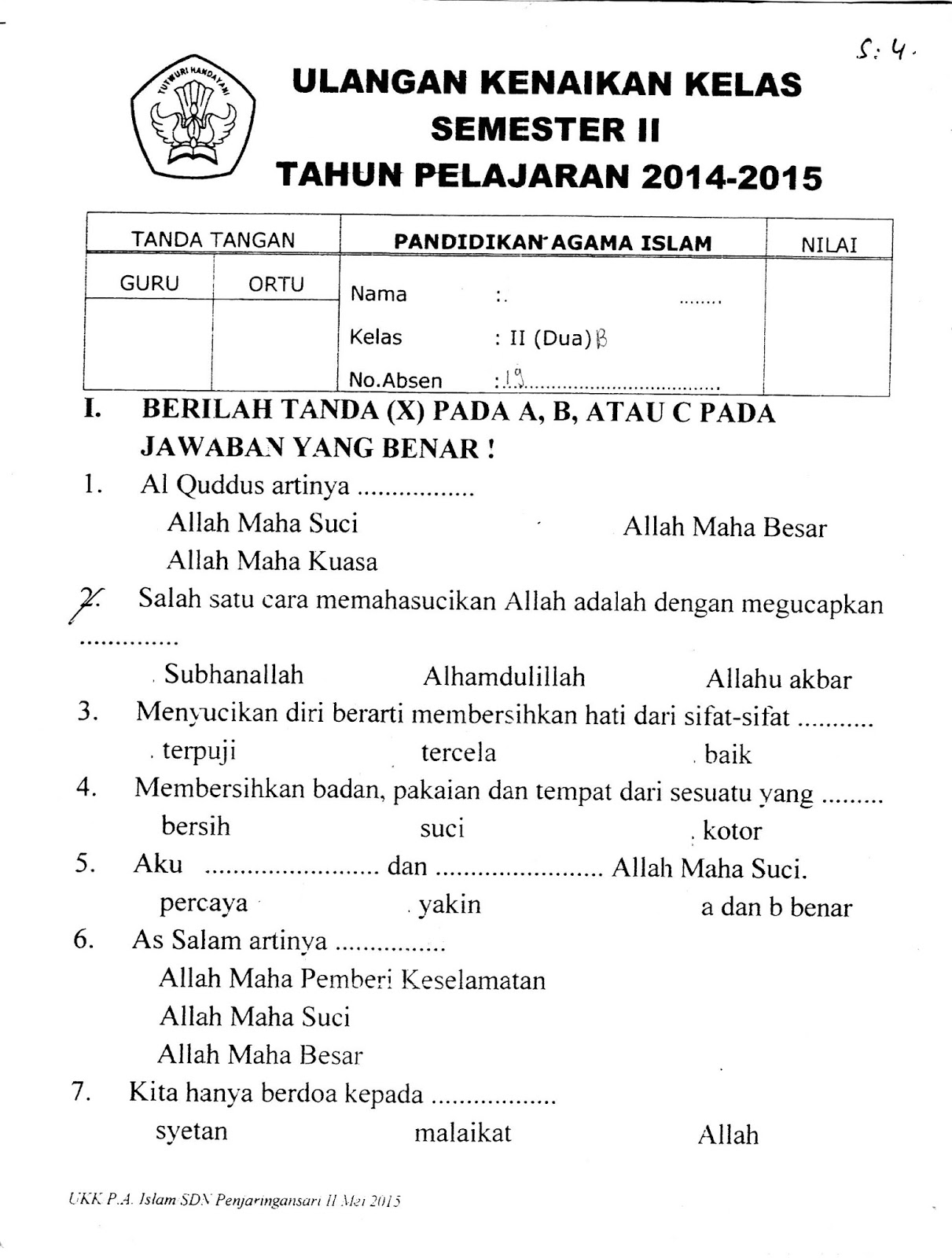 S Kom Selamat Datang Di Web Sunarto Soal Ulangan Harian Pai Sd Mi Kelas 6 Semester 2 Kurikulum 2013 Silabus Pai Pendidikan Agama Islam Sd Mi Kelas 1