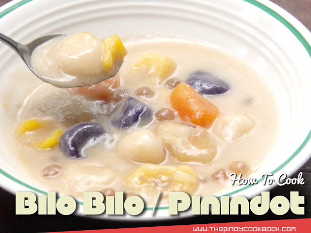 How To Make Bilo Bilo How To Cook Pinindot Ginataang Pinindot With Langka Ube Guide Step by Step Ingredients So What's Ginataang Bilo-Bilo / Pinindot?  Ginataang Bilo-bilo with Langka is a classic Filipino meryenda dish/snack composed of glutinous rice balls – locally known as bilo-bilo or pinindot in Southern Tagalog, coconut cream, sugar, sago pearls, and ripe jackfruit. I think that this is a simplified version of the Ginataang halo-halo (also known as binignit).  Cooking Ginataang Bilo-bilo / Pinindot with Langka is fairly easy, as long as you have the sago cooked and the glutinous rice balls ready. The process involves a little bit of boiling, stirring, and mixing – and you’ll have your tasty delicious Filipino snack soon. I like to have my Ginataang Bilo-bilo with Langka warm if I am eating it sometime in the afternoon.  I can also remember having Pinindot during the birthday parties of my nephews and sometimes Ube/ Sweet Potato or yam is added for a more different flavor and taste.    As for the sago pearls, you can use either the big ones (used to make sago at gulaman), or the cute tiny ones. You can even a teaspoon of vanilla extract to the mixture to make your Ginataang Bilo-bilo with Langka taste better. So with that brief information in our minds let's start cooking. How to Cook Ginataang Bilo-Bilo with Langka Recipe & Tutorial  Ingredients we need:  20 to 25 pieces glutinous rice balls (Bilo-bilo) 1 (20 oz.) can ripe jackfruit 2 cups water 2 cups coconut cream 3/4 cup granulated white sugar 1 1/2 cups cooked sago  Step by Step Cooking Procedures:   1.)Pour the water in a cooking pot. Bring to a boil. 2.)Add the coconut cream. Stir and cook until the mixture starts to boil again. 3.)Gradually stir-in the sugar. 4.)Add the ripe jackfruit. Cover and cook in low heat for 15 minutes. 5.)Add-in the bilo-bilo. Continue to cook for another 15 minutes while stirring every 3 minutes. 6.)Put-in the sago. Cook for 5 to 8 minutes more. 7.)Transfer to a serving bowl. Serve. 8.) You're done! Enjoy eating.  Watch this Cooking Video Tutorial:    Enjoyed our recipe? Feel free to browse more Filipino Meryenda Recipes here at Pinoy Cookbook.