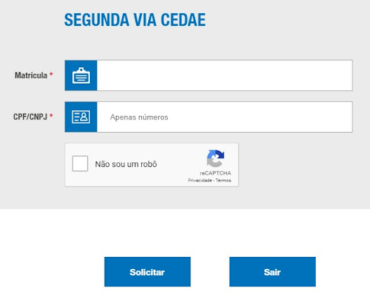Pagina de acesso a Cedae segunda via de conta