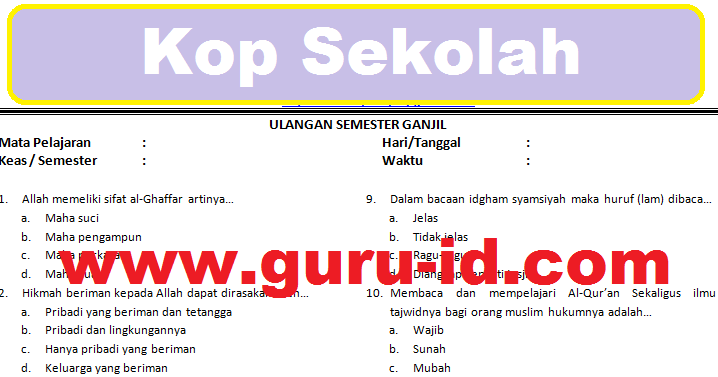 Soal agama islam kelas 7 semester 1 & 2 dan kunci jawaban 