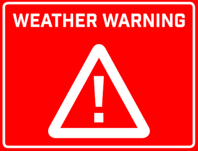 White-against-red-background: Exclamation point inside triangle, with letters above it, reading 'Weather Warning'