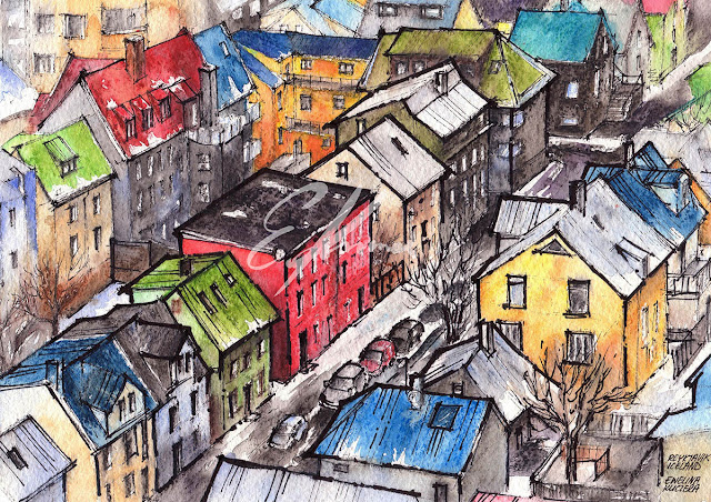 Watercolor showing an aerial view of Reykjavik with colorful houses, Iceland