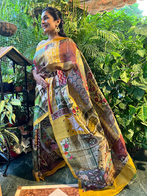 Pure Tussar digital print saree done by multiple artists.