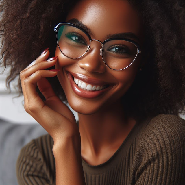 beautiful african american woman wearing fancy glasses with a big smile on her face