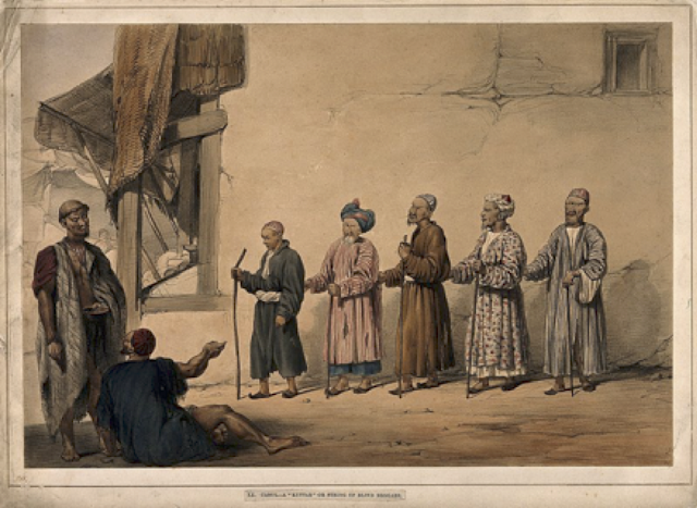 Source: Wellcome Trust, A kuttar or line of blind beggars in Kabul, 19th century