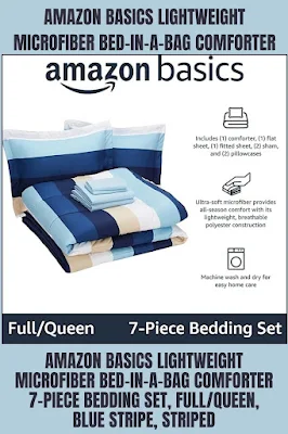 The Amazon Basics Lightweight Microfiber Bed-in-a-Bag Comforter is a bedding set that comes with everything you need for your full or queen-size bed. It's very light and made of soft microfiber material. The set includes seven pieces and comes in a blue stripe design. It's perfect for adding some style to your bedroom.