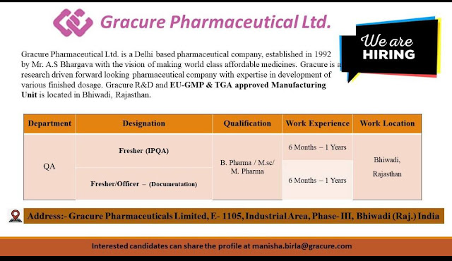 Gracure Pharma Job Vacancy For Fresher and Experienced - B Pharm/ MSc/ M Pharm - QA