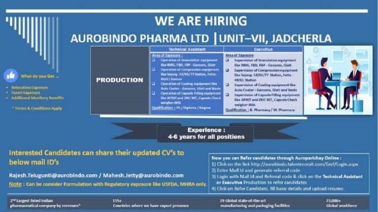 Job Availables,Aurobindo Pharma Job Vacancy  For Production, Executive