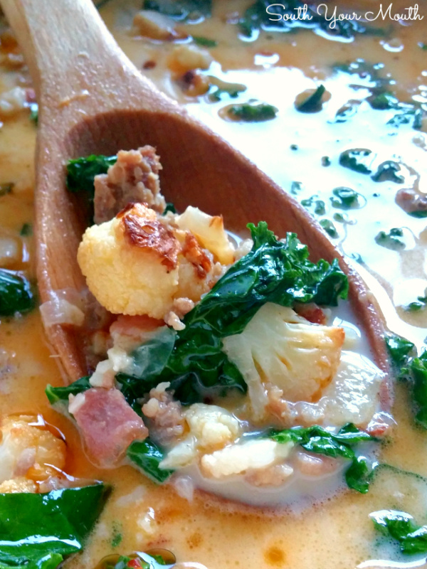 Low Carb Zuppa Toscana with Roasted Cauliflower! A copycat recipe for Olive Garden's Zuppa Toscana soup made low carb with roasted cauliflower instead of potatoes for maximum flavor and incredible texture!