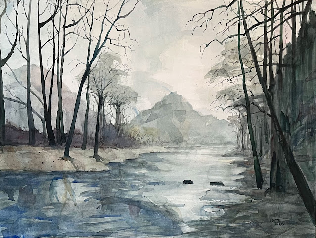 Watercolor by Nate Dray called "North Fork by Pancake," a reference to the North Fork of the Little Beaver Creek below the crossroads called Pancake along the Great Trail in Columbiana County Ohio.