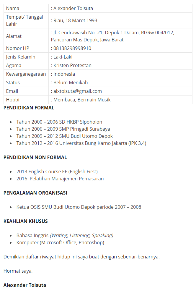 10+ Contoh CV – Daftar Riwayat Hidup – Inggris – Indonesia