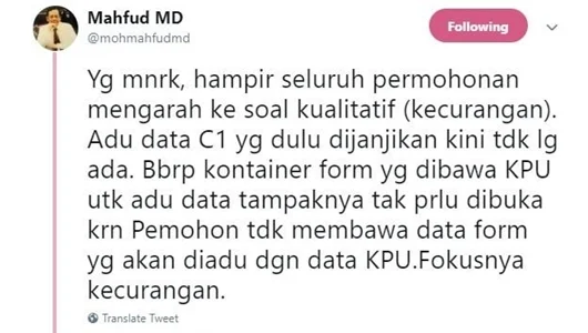 Mahfud MD: Tidak Ada Adu Data C1 yang Dulu Dijanjikan Kubu Prabowo