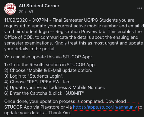 Anna University New Notification Regards Stucor Not Official App